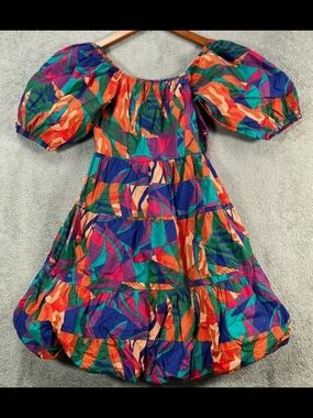 Vibrant Multi-Color Puff Sleeve Midi Dress